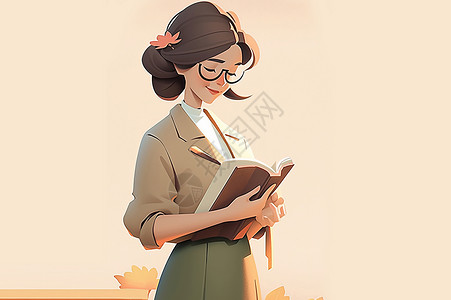 低头看书微笑的卡通女老师背景图片