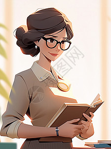 思考的女老师戴着黑框眼镜打开书本思考的时尚卡通女老师插画