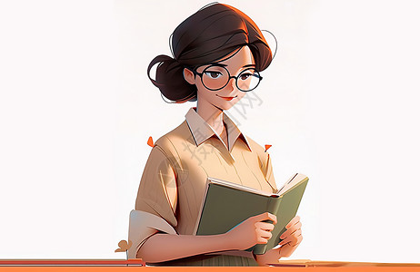 书本框打开书本戴着黑框眼镜看书的卡通女老师插画