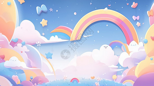 云朵上可爱的彩虹卡通背景背景图片