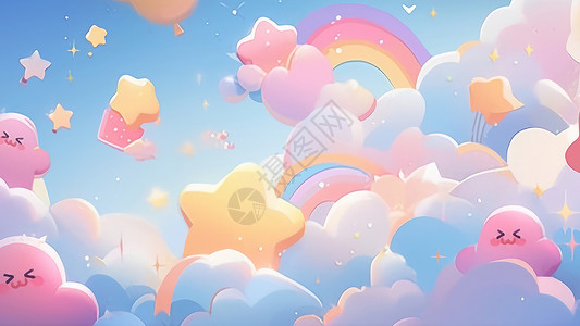 幼儿艺术梦幻卡通可爱的上美丽的彩虹与小星星插画