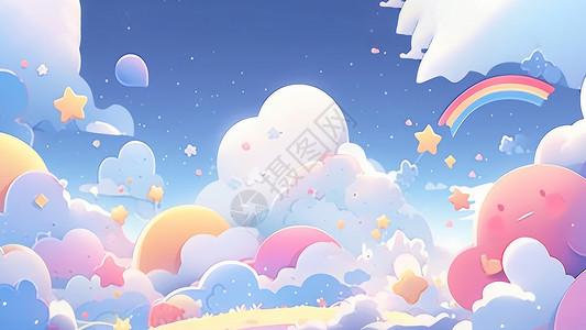 彩虹和云朵可爱的天空下梦幻卡通云朵插画