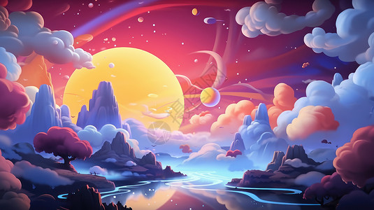 粉色星球超现实梦幻粉色的星空与河流卡通风景插画