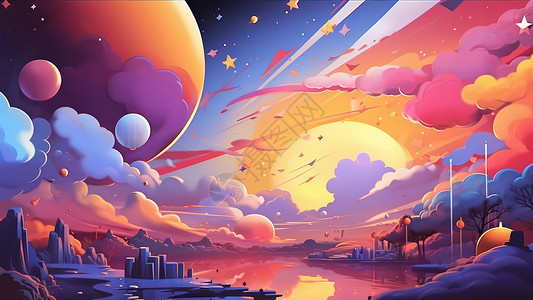 科幻卡通城市上空中唯美的梦幻卡通星球背景图片