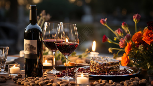 红酒展架餐桌上的红葡萄酒和美食插画
