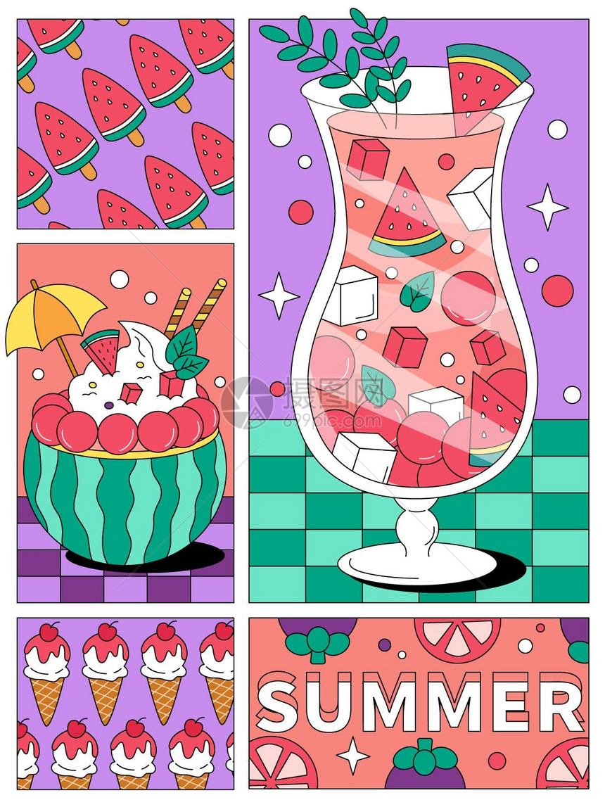 夏季清凉西瓜饮品扁平插画图片