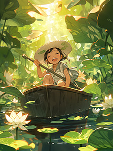 小池塘女孩在荷塘里划船插画