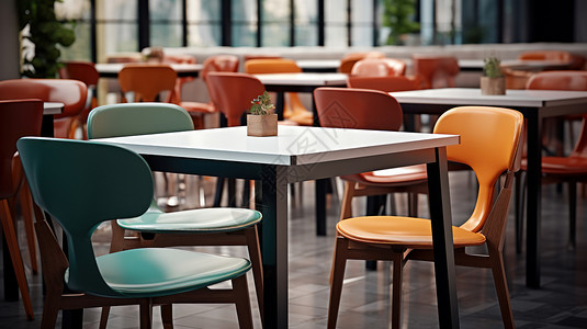 快餐餐厅食堂中彩色椅子与桌子插画