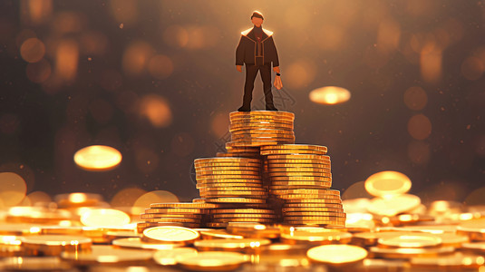 人站在钱上一个小卡通人物站在一堆金光闪闪的金币上插画