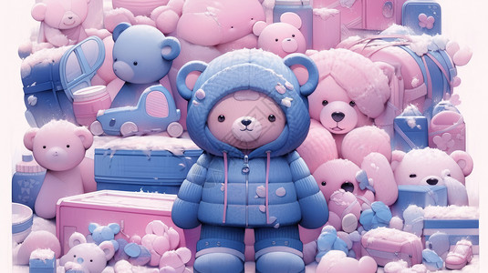 蓝色小熊玩具穿蓝色衣服的可爱卡通玩具熊插画