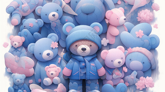 蓝色小熊玩具很多精致可爱的卡通蓝色玩具熊插画