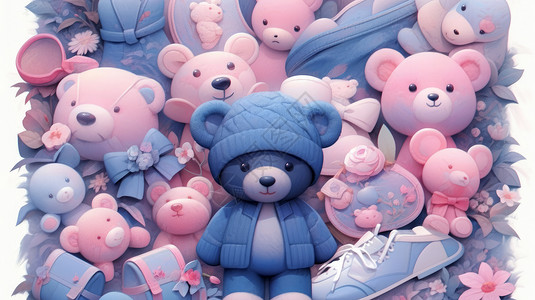 蓝色小熊玩具戴蓝色帽子穿蓝色衣服可爱的卡通玩具熊们插画