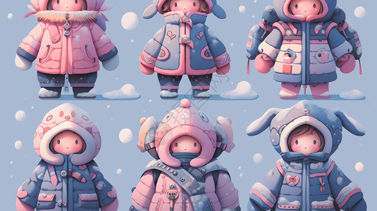 玩偶衣服冬天穿着各种厚重衣服可爱卡通小女孩插画