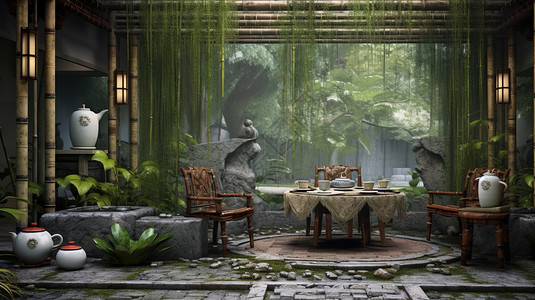 中式桌子茶具长苔藓的中式客厅插画