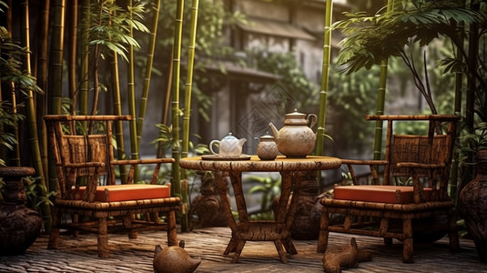 中式桌子茶具长着竹子的中式休憩地插画