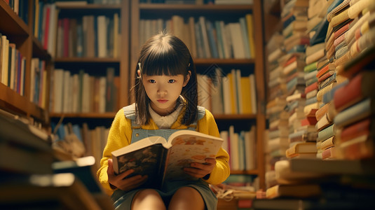 女孩在阅读图书馆旧书店高清图片