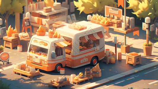 移动游戏素材移动的快餐车卡通商店插画