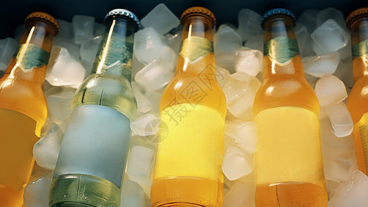 清爽的夏饮料瓶在冰块上图片