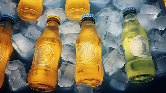 汽水瓶子清凉的冰块上放着诱人的汽水饮料插画
