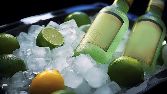 鲜酿葡萄酒放在冰块上的鲜柠檬与柠檬汽水插画