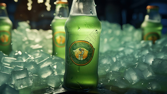 透明玻璃瓶饮料放在冰块上图片