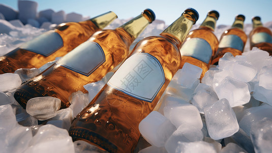 冰块上啤酒瓶清爽诱人的冰镇啤酒放在冰块上插画