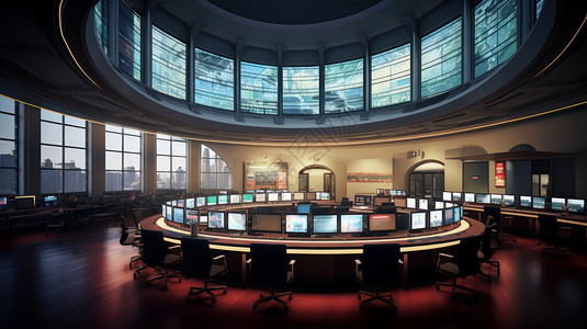 超大圆形办公桌与电脑金融交易大厅高清图片