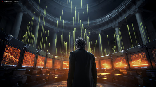一个男人站在金融交易大厅屏幕前图片