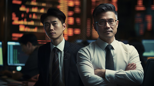 站在证券交易大厅的两位商务人士高清图片