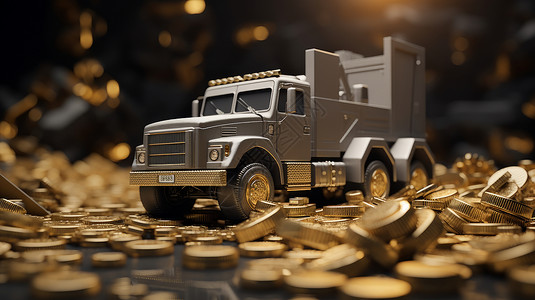 车子模型卡车模型开在满地金币上插画