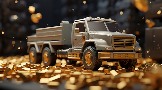精致的灰色卡车模型开在金块上高清图片
