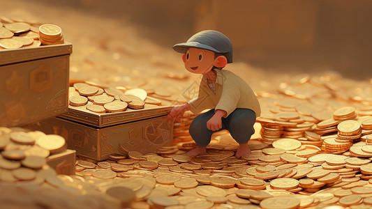 戴着帽子在金币堆中的卡通小人物高清图片
