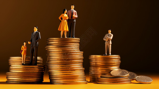 金融类创意微缩小人站在金币堆上背景图片