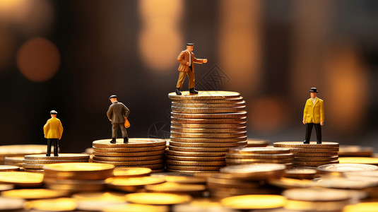 金融类创意微缩小人站在金币堆上背景图片
