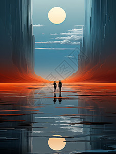 两个小小人物背影走向圆圆月亮的超现实风景图片