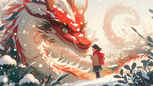 雪地中的红色巨龙与可爱的卡通小女孩图片