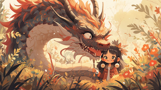 秋天在花丛中可爱卡通小女孩与巨龙背景图片