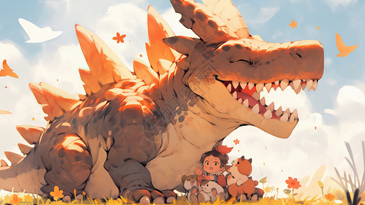 卡通巨大的恐龙下有小朋友与宠物高清图片