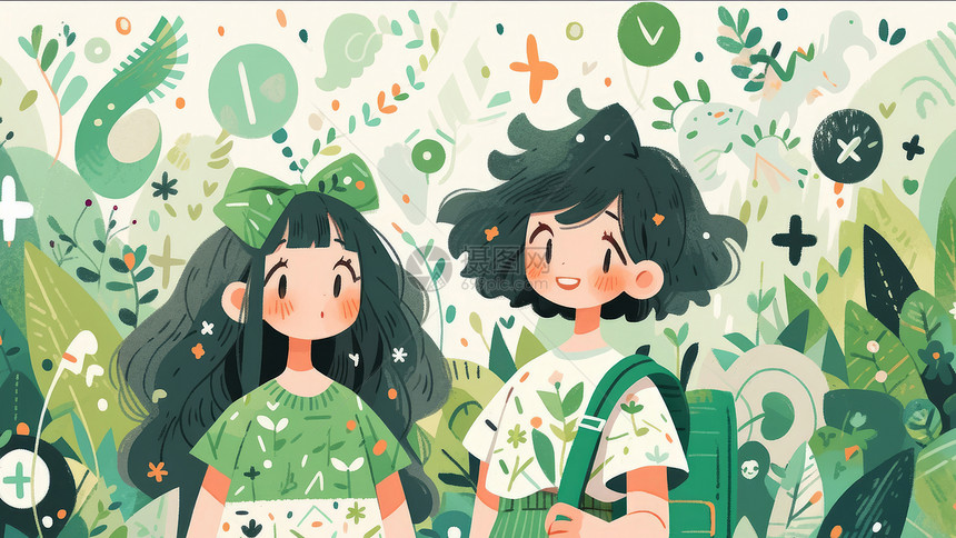 两个可爱的卡通小女孩站在花丛中图片