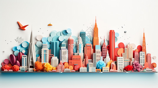 立体纸膜素材剪纸小清新现代立体城市城市建筑插画