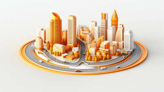 路创意圆形微立体创意城市建筑模型插画