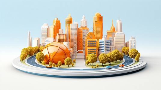 体育建筑2.5D创意城市建筑模型插画