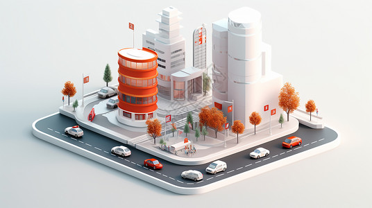 立体交通素材红白2.5D微立体建筑模型插画