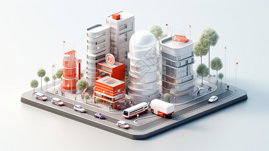 交通模型红白3d立体城市模型插画