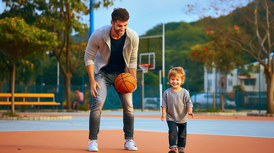 运动人像一对父子在操场上打篮球插画