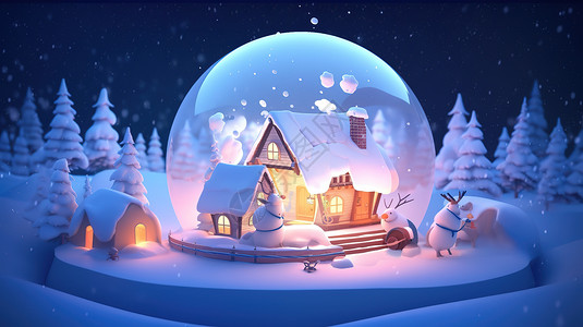 北极驯鹿冬季积雪的小屋冬天节气玻璃球插画