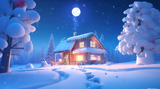 冬季积雪的小屋插画图片