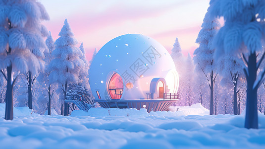 大雪创意冬季积雪的圆形创意小屋插画