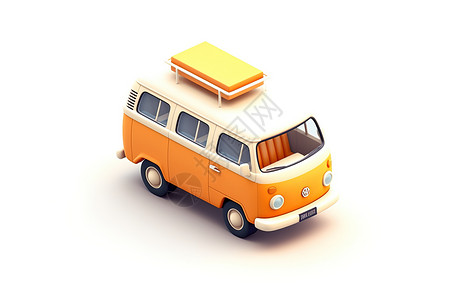 小型公共汽车可爱卡通橙白色面包车插画