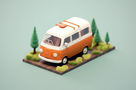 微型面包车可爱卡通立体面包车图标插画